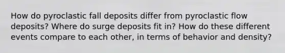 How do pyroclastic fall deposits differ from pyroclastic flow deposits? Where do surge deposits fit in? How do these different events compare to each other, in terms of behavior and density?