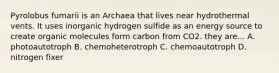 Pyrolobus fumarii is an Archaea that lives near hydrothermal vents. It uses inorganic hydrogen sulfide as an energy source to create organic molecules form carbon from CO2. they are... A. photoautotroph B. chemoheterotroph C. chemoautotroph D. nitrogen fixer