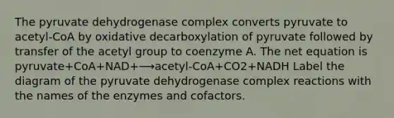 The pyruvate dehydrogenase complex converts pyruvate to acetyl‑CoA by oxidative decarboxylation of pyruvate followed by transfer of the acetyl group to coenzyme A. The net equation is pyruvate+CoA+NAD+⟶acetyl-CoA+CO2+NADH Label the diagram of the pyruvate dehydrogenase complex reactions with the names of the enzymes and cofactors.