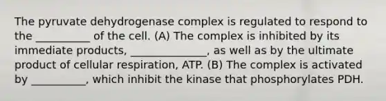 The pyruvate dehydrogenase complex is regulated to respond to the __________ of the cell. (A) The complex is inhibited by its immediate products, ______________, as well as by the ultimate product of cellular respiration, ATP. (B) The complex is activated by __________, which inhibit the kinase that phosphorylates PDH.