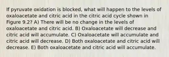 If pyruvate oxidation is blocked, what will happen to the levels of oxaloacetate and citric acid in the citric acid cycle shown in Figure 9.2? A) There will be no change in the levels of oxaloacetate and citric acid. B) Oxaloacetate will decrease and citric acid will accumulate. C) Oxaloacetate will accumulate and citric acid will decrease. D) Both oxaloacetate and citric acid will decrease. E) Both oxaloacetate and citric acid will accumulate.