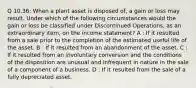 Q 10.36: When a plant asset is disposed of, a gain or loss may result. Under which of the following circumstances would the gain or loss be classified under Discontinued Operations, as an extraordinary item, on the income statement? A : If it resulted from a sale prior to the completion of the estimated useful life of the asset. B : If it resulted from an abandonment of the asset. C : If it resulted from an involuntary conversion and the conditions of the disposition are unusual and infrequent in nature in the sale of a component of a business. D : If it resulted from the sale of a fully depreciated asset.