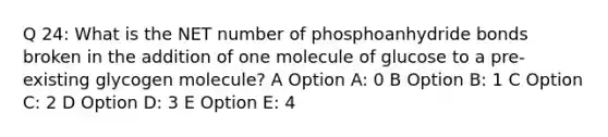 Q 24: What is the NET number of phosphoanhydride bonds broken in the addition of one molecule of glucose to a pre-existing glycogen molecule? A Option A: 0 B Option B: 1 C Option C: 2 D Option D: 3 E Option E: 4