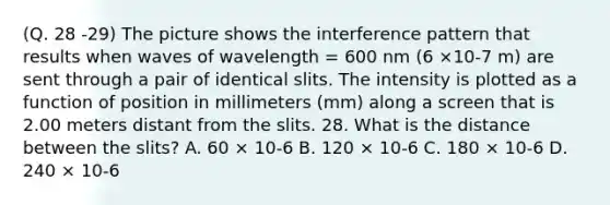 (Q. 28 -29) The picture shows the interference pattern that results when waves of wavelength = 600 nm (6 ×10-7 m) are sent through a pair of identical slits. The intensity is plotted as a function of position in millimeters (mm) along a screen that is 2.00 meters distant from the slits. 28. What is the distance between the slits? A. 60 × 10-6 B. 120 × 10-6 C. 180 × 10-6 D. 240 × 10-6