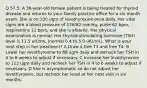 Q 57.5: A 36-year-old female patient is being treated for thyroid disease and returns to your family practice office for a six month exam. She is on 100 ugm of levothyroxine once daily. Her vital signs are a blood pressure of 128/82 mm Hg, pulse 62 bpm, respirations 12 bpm, and she is afebrile. Her physical examination is normal. Her thyroid-stimulating hormone (TSH) level is 11.5 uIU/mL (normal 0.4 to 5.0 uIU/mL). What is your next step in her treatment? A Draw a free T3 and free T4. B Lower her levothyroxine to 88 ugm daily and recheck her TSH in 4 to 6 weeks to adjust if necessary. C Increase her levothyroxine to 112 ugm daily and recheck her TSH in 4 to 6 weeks to adjust if necessary. D She is asymptomatic so do not adjust her levothyroxine, but recheck her level at her next visit in six months.