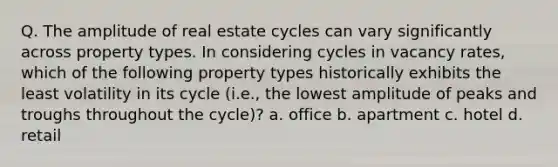 Q. The amplitude of real estate cycles can vary significantly across property types. In considering cycles in vacancy rates, which of the following property types historically exhibits the least volatility in its cycle (i.e., the lowest amplitude of peaks and troughs throughout the cycle)? a. office b. apartment c. hotel d. retail