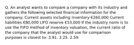 Q. An analyst wants to compare a company with its industry and gathers the following selected financial information for the company: Current assets including inventory €260,000 Current liabilities €80,000 LIFO reserve €53,000 If the industry norm is to use the FIFO method of inventory valuation, the current ratio of the company that the analyst would use for comparison purposes is closest to: 3.91. 3.25. 2.59.