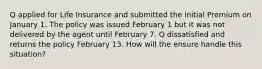 Q applied for Life Insurance and submitted the initial Premium on January 1. The policy was issued February 1 but it was not delivered by the agent until February 7. Q dissatisfied and returns the policy February 13. How will the ensure handle this situation?