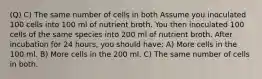 (Q) C) The same number of cells in both Assume you inoculated 100 cells into 100 ml of nutrient broth. You then inoculated 100 cells of the same species into 200 ml of nutrient broth. After incubation for 24 hours, you should have: A) More cells in the 100 ml. B) More cells in the 200 ml. C) The same number of cells in both.