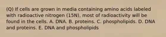 (Q) If cells are grown in media containing amino acids labeled with radioactive nitrogen (15N), most of radioactivity will be found in the cells. A. DNA. B. proteins. C. phospholipids. D. DNA and proteins. E. DNA and phospholipids