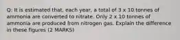 Q: It is estimated that, each year, a total of 3 x 10 tonnes of ammonia are converted to nitrate. Only 2 x 10 tonnes of ammonia are produced from nitrogen gas. Explain the difference in these figures (2 MARKS)