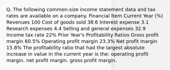 Q. The following common-size <a href='https://www.questionai.com/knowledge/kCPMsnOwdm-income-statement' class='anchor-knowledge'>income statement</a> data and tax rates are available on a company. Financial Item Current Year (%) Revenues 100 Cost of goods sold 38.6 Interest expense 3.1 Research expenses 4.4 Selling and general expenses 32.9 Income tax rate 22% Prior Year's Profitability Ratios <a href='https://www.questionai.com/knowledge/klIB6Lsdwh-gross-profit' class='anchor-knowledge'>gross profit</a> margin 60.5% Operating profit margin 23.3% Net profit margin 15.8% The profitability ratio that had the largest absolute increase in value in the current year is the: operating profit margin. net profit margin. gross profit margin.