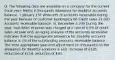 Q. The following data are available on a company for the current fiscal year: Metric £ thousands Allowance for doubtful accounts balance, 1 January 137 Write-offs of accounts receivable during the year because of customer bankruptcy 86 Credit sales 21,000 Accounts receivable balance, 31 December 4,200 During the year, bad debts expense was charged at a rate of 0.5% of credit sales. At year end, an aging analysis of the accounts receivable indicates that the appropriate allowance for doubtful accounts balance is 3% of the outstanding accounts receivable balance. The most appropriate year-end adjustment (in thousands) to the allowance for doubtful accounts is a(n): increase of £126. reduction of £116. reduction of £30.