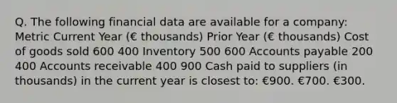 Q. The following financial data are available for a company: Metric Current Year (€ thousands) Prior Year (€ thousands) Cost of goods sold 600 400 Inventory 500 600 Accounts payable 200 400 Accounts receivable 400 900 Cash paid to suppliers (in thousands) in the current year is closest to: €900. €700. €300.