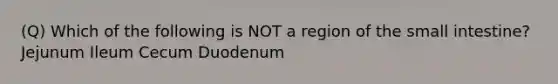 (Q) Which of the following is NOT a region of <a href='https://www.questionai.com/knowledge/kt623fh5xn-the-small-intestine' class='anchor-knowledge'>the small intestine</a>? Jejunum Ileum Cecum Duodenum