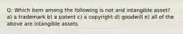 Q: Which item among the following is not and intangible asset? a) a trademark b) a patent c) a copyright d) goodwill e) all of the above are intangible assets