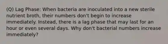 (Q) Lag Phase: When bacteria are inoculated into a new sterile nutrient broth, their numbers don't begin to increase immediately. Instead, there is a lag phase that may last for an hour or even several days. Why don't bacterial numbers increase immediately?