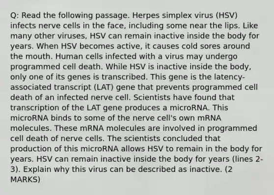 Q: Read the following passage. Herpes simplex virus (HSV) infects nerve cells in the face, including some near the lips. Like many other viruses, HSV can remain inactive inside the body for years. When HSV becomes active, it causes cold sores around the mouth. Human cells infected with a virus may undergo programmed cell death. While HSV is inactive inside the body, only one of its genes is transcribed. This gene is the latency-associated transcript (LAT) gene that prevents programmed cell death of an infected nerve cell. Scientists have found that transcription of the LAT gene produces a microRNA. This microRNA binds to some of the nerve cell's own mRNA molecules. These mRNA molecules are involved in programmed cell death of nerve cells. The scientists concluded that production of this microRNA allows HSV to remain in the body for years. HSV can remain inactive inside the body for years (lines 2-3). Explain why this virus can be described as inactive. (2 MARKS)