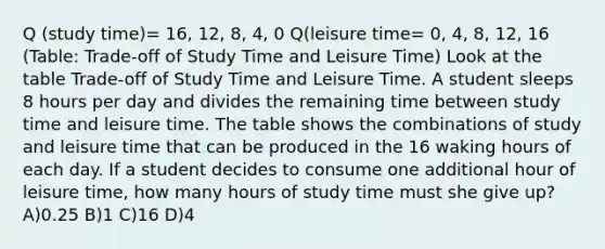 Q (study time)= 16, 12, 8, 4, 0 Q(leisure time= 0, 4, 8, 12, 16 (Table: Trade-off of Study Time and Leisure Time) Look at the table Trade-off of Study Time and Leisure Time. A student sleeps 8 hours per day and divides the remaining time between study time and leisure time. The table shows the combinations of study and leisure time that can be produced in the 16 waking hours of each day. If a student decides to consume one additional hour of leisure time, how many hours of study time must she give up? A)0.25 B)1 C)16 D)4