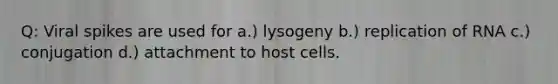 Q: Viral spikes are used for a.) lysogeny b.) replication of RNA c.) conjugation d.) attachment to host cells.