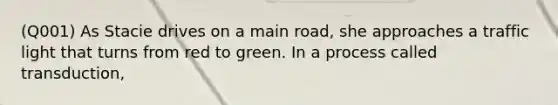 (Q001) As Stacie drives on a main road, she approaches a traffic light that turns from red to green. In a process called transduction,