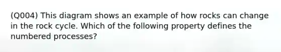(Q004) This diagram shows an example of how rocks can change in the rock cycle. Which of the following property defines the numbered processes?