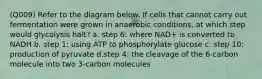 (Q009) Refer to the diagram below. If cells that cannot carry out fermentation were grown in anaerobic conditions, at which step would glycolysis halt? a. step 6: where NAD+ is converted to NADH b. step 1: using ATP to phosphorylate glucose c. step 10: production of pyruvate d.step 4: the cleavage of the 6-carbon molecule into two 3-carbon molecules