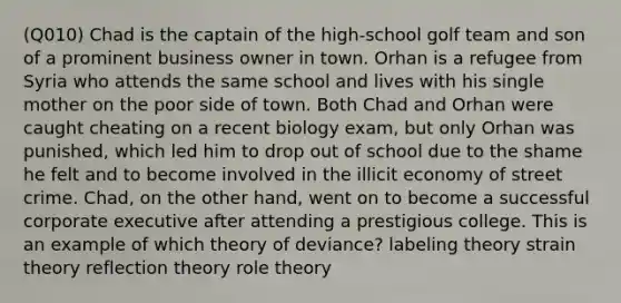 (Q010) Chad is the captain of the high-school golf team and son of a prominent business owner in town. Orhan is a refugee from Syria who attends the same school and lives with his single mother on the poor side of town. Both Chad and Orhan were caught cheating on a recent biology exam, but only Orhan was punished, which led him to drop out of school due to the shame he felt and to become involved in the illicit economy of street crime. Chad, on the other hand, went on to become a successful corporate executive after attending a prestigious college. This is an example of which theory of deviance? labeling theory strain theory reflection theory role theory