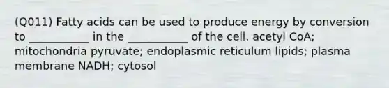 (Q011) Fatty acids can be used to produce energy by conversion to ___________ in the ___________ of the cell. acetyl CoA; mitochondria pyruvate; endoplasmic reticulum lipids; plasma membrane NADH; cytosol