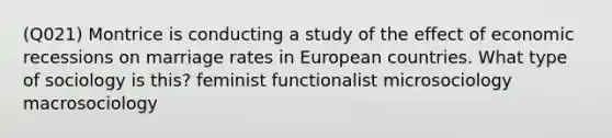 (Q021) Montrice is conducting a study of the effect of economic recessions on marriage rates in European countries. What type of sociology is this? feminist functionalist microsociology macrosociology