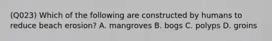 (Q023) Which of the following are constructed by humans to reduce beach erosion? A. mangroves B. bogs C. polyps D. groins