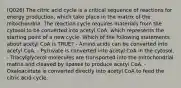 (Q026) The citric acid cycle is a critical sequence of reactions for energy production, which take place in the matrix of the mitochondria. The reaction cycle requires materials from the cytosol to be converted into acetyl CoA, which represents the starting point of a new cycle. Which of the following statements about acetyl CoA is TRUE? - Amino acids can be converted into acetyl CoA. - Pyruvate is converted into acetyl CoA in the cytosol. - Triacylglycerol molecules are transported into the mitochondrial matrix and cleaved by lipases to produce acetyl CoA. - Oxaloacetate is converted directly into acetyl CoA to feed the citric acid cycle.