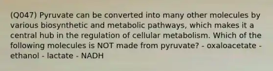 (Q047) Pyruvate can be converted into many other molecules by various biosynthetic and metabolic pathways, which makes it a central hub in the regulation of cellular metabolism. Which of the following molecules is NOT made from pyruvate? - oxaloacetate - ethanol - lactate - NADH