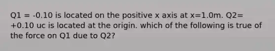 Q1 = -0.10 is located on the positive x axis at x=1.0m. Q2= +0.10 uc is located at the origin. which of the following is true of the force on Q1 due to Q2?