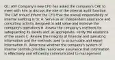 Q1: AVF Company's new CFO has asked the company's CAE to meet with him to discuss the role of the internal audit function. The CAE should inform the CFO that the overall responsibility of internal auditing is to: A. Serve as an independent assurance and consulting activity designed to add value and improve the company's operations B. Assess the company's methods for safeguarding its assets and, as appropriate, verify the existence of the assets C. Review the integrity of financial and operating information and the methods used to accumulate and report information D. Determine whether the company's system of internal controls provides reasonable assurance that information is effectively and efficiently communicated to management