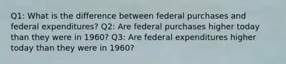 Q1: What is the difference between federal purchases and federal​ expenditures? Q2: Are federal purchases higher today than they were in​ 1960? Q3: Are federal expenditures higher today than they were in​ 1960?