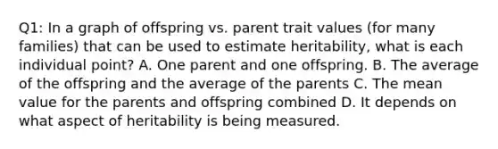 Q1: In a graph of offspring vs. parent trait values (for many families) that can be used to estimate heritability, what is each individual point? A. One parent and one offspring. B. The average of the offspring and the average of the parents C. The mean value for the parents and offspring combined D. It depends on what aspect of heritability is being measured.