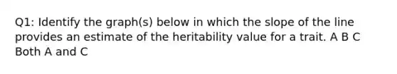 Q1: Identify the graph(s) below in which the slope of the line provides an estimate of the heritability value for a trait. A B C Both A and C