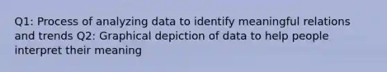 Q1: Process of analyzing data to identify meaningful relations and trends Q2: Graphical depiction of data to help people interpret their meaning