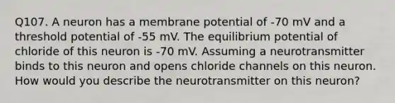 Q107. A neuron has a membrane potential of -70 mV and a threshold potential of -55 mV. The equilibrium potential of chloride of this neuron is -70 mV. Assuming a neurotransmitter binds to this neuron and opens chloride channels on this neuron. How would you describe the neurotransmitter on this neuron?