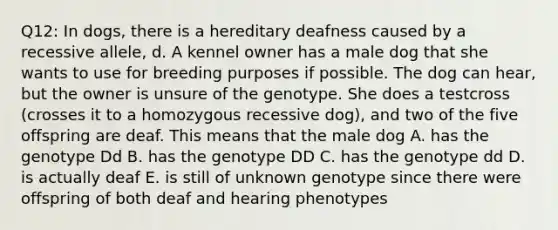 Q12: In dogs, there is a hereditary deafness caused by a recessive allele, d. A kennel owner has a male dog that she wants to use for breeding purposes if possible. The dog can hear, but the owner is unsure of the genotype. She does a testcross (crosses it to a homozygous recessive dog), and two of the five offspring are deaf. This means that the male dog A. has the genotype Dd B. has the genotype DD C. has the genotype dd D. is actually deaf E. is still of unknown genotype since there were offspring of both deaf and hearing phenotypes