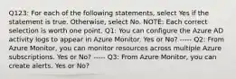 Q123: For each of the following statements, select Yes if the statement is true. Otherwise, select No. NOTE: Each correct selection is worth one point. Q1: You can configure the Azure AD activity logs to appear in Azure Monitor. Yes or No? ----- Q2: From Azure Monitor, you can monitor resources across multiple Azure subscriptions. Yes or No? ----- Q3: From Azure Monitor, you can create alerts. Yes or No?