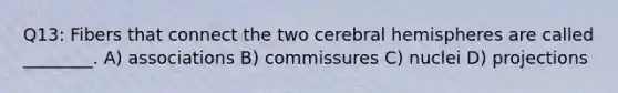 Q13: Fibers that connect the two cerebral hemispheres are called ________. A) associations B) commissures C) nuclei D) projections