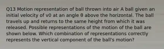 Q13 Motion representation of ball thrown into air A ball given an initial velocity of v0 at an angle θ above the horizontal. The ball travels up and returns to the same height from which it was released. Possible representations of the motion of the ball are shown below. Which combination of representations correctly represents the vertical component of the ball's motion?