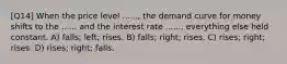 [Q14] When the price level ......, the demand curve for money shifts to the ...... and the interest rate ......, everything else held constant. A) falls; left; rises. B) falls; right; rises. C) rises; right; rises. D) rises; right; falls.