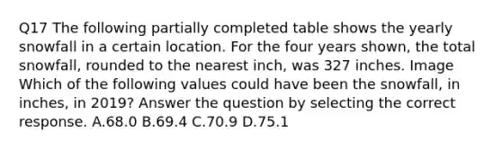 Q17 The following partially completed table shows the yearly snowfall in a certain location. For the four years shown, the total snowfall, rounded to the nearest inch, was 327 inches. Image Which of the following values could have been the snowfall, in inches, in 2019? Answer the question by selecting the correct response. A.68.0 B.69.4 C.70.9 D.75.1