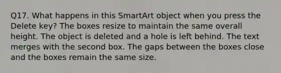 Q17. What happens in this SmartArt object when you press the Delete key? The boxes resize to maintain the same overall height. The object is deleted and a hole is left behind. The text merges with the second box. The gaps between the boxes close and the boxes remain the same size.