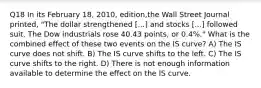 Q18 In its February 18, 2010, edition,the Wall Street Journal printed, "The dollar strengthened [...] and stocks [...] followed suit. The Dow industrials rose 40.43 points, or 0.4%." What is the combined effect of these two events on the IS curve? A) The IS curve does not shift. B) The IS curve shifts to the left. C) The IS curve shifts to the right. D) There is not enough information available to determine the effect on the IS curve.