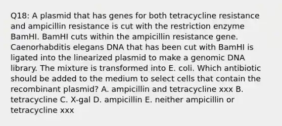 Q18: A plasmid that has genes for both tetracycline resistance and ampicillin resistance is cut with the restriction enzyme BamHI. BamHI cuts within the ampicillin resistance gene. Caenorhabditis elegans DNA that has been cut with BamHI is ligated into the linearized plasmid to make a genomic DNA library. The mixture is transformed into E. coli. Which antibiotic should be added to the medium to select cells that contain the recombinant plasmid? A. ampicillin and tetracycline xxx B. tetracycline C. X-gal D. ampicillin E. neither ampicillin or tetracycline xxx