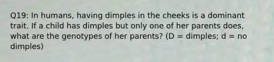 Q19: In humans, having dimples in the cheeks is a dominant trait. If a child has dimples but only one of her parents does, what are the genotypes of her parents? (D = dimples; d = no dimples)